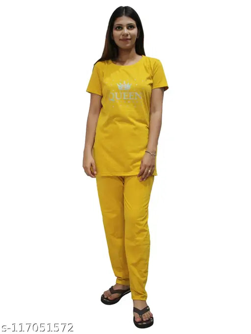 Matelco women's cotton nightsuits, printed pyjamas with side pocket and slits, hip-length top, made in India