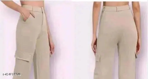 Khaki cargo pants with pockets, belt loops, and a relaxed fit for women