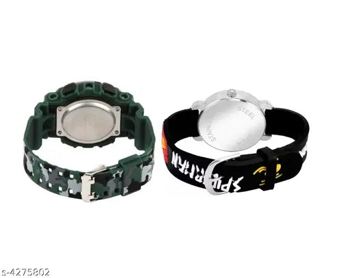Black and green kids watch with digital display, adjustable strap