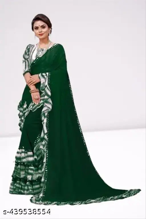 Green georgette saree with blouse piece and ruffled frill
