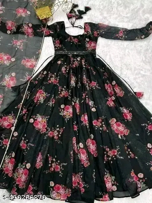 Georgette floral printed women's gown, elegant long-sleeved dress for functions, India origin