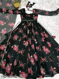 Georgette floral printed women's gown, elegant long-sleeved dress for functions, India origin