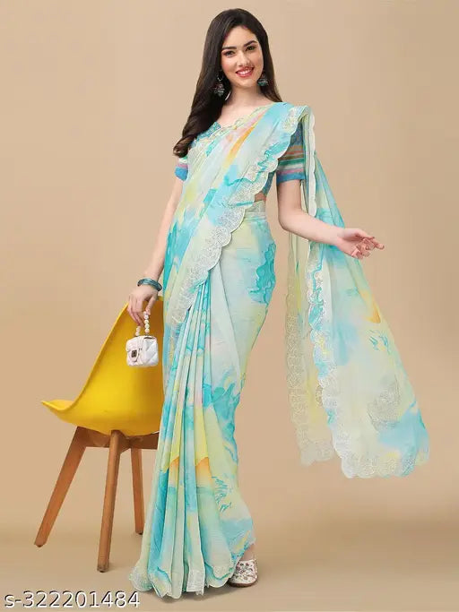 Sky Blue Multi Shibori Tie-Dye Printed Chiffon Saree with Diamond Work Scalloping & Separate Satin Silk Blouse, Indian ethnic wear for parties and weddings