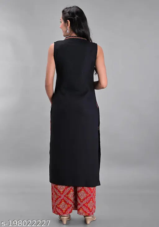 Rayon embroidered kurta palazzo set, solid pattern Maquien women's ethnic wear in India