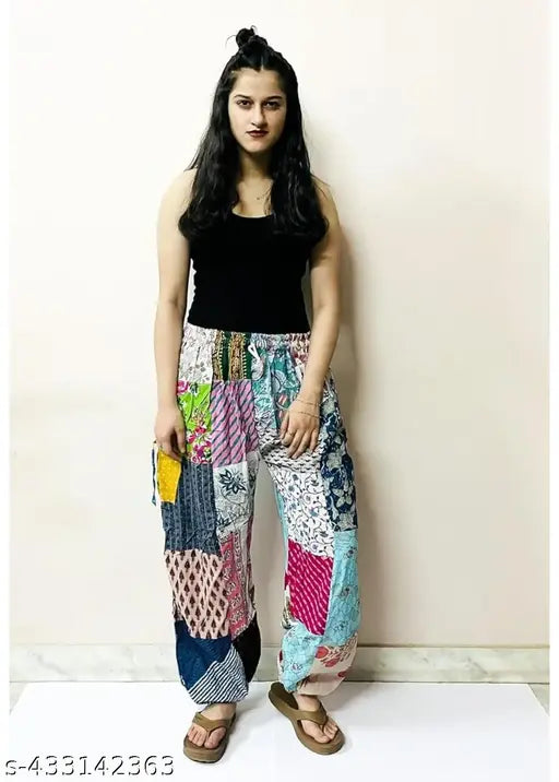 Multi-color printed elastic waist patch work yoga wide leg harem pants, designed for comfortable movement