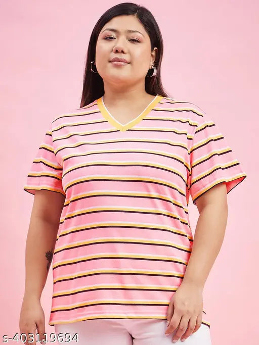 Striped cotton blend half sleeve top for women, solid design with short sleeves, available in sizes XXXL to 6XL from Austivo