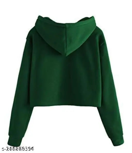 Dark green solid cotton blend crop hoodie for women, long sleeves and stylish fit