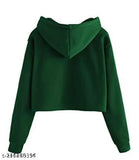 Dark green solid cotton blend crop hoodie for women, long sleeves and stylish fit