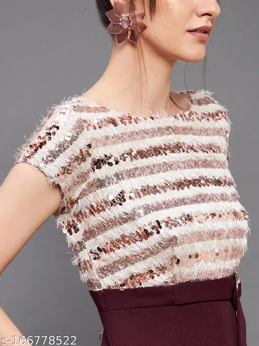 Maroon embellished polyester jumpsuit with short sleeves, front slit & fringe, country of origin: India