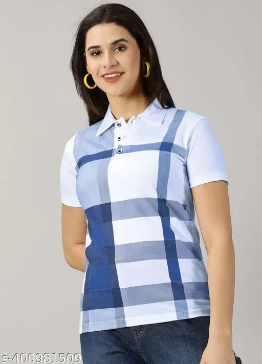 Purple cotton blend checkered polo t-shirt for women, perfect summer wear accessory