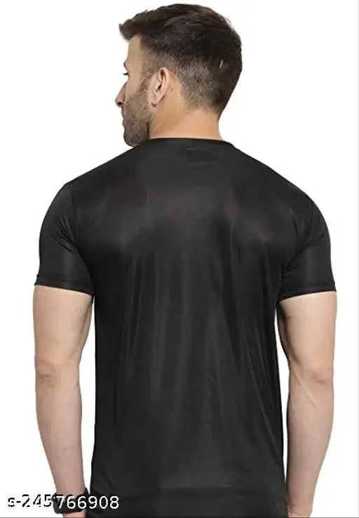 Black round-neck t-shirt, 100% Bio wash cotton, short sleeves, solid pattern, fashionable mens wear. Made in India