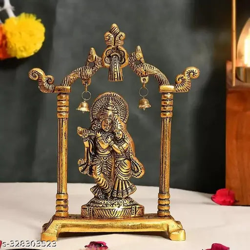 Gold-plated metal Radha Krishna idol sculpture (15.5cm L x 4.5cm W x 18cm H), perfect for Diwali and festival puja decoration or home showpiece. A beautiful representation of Indian handicrafts and a spiritual lucky gift