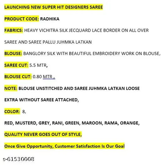 8-color Vichitra silk Jacquard border saree for women, featuring separate blouse in heavy Vichitra and Bengalory silks with embroidery work, 5.5m length