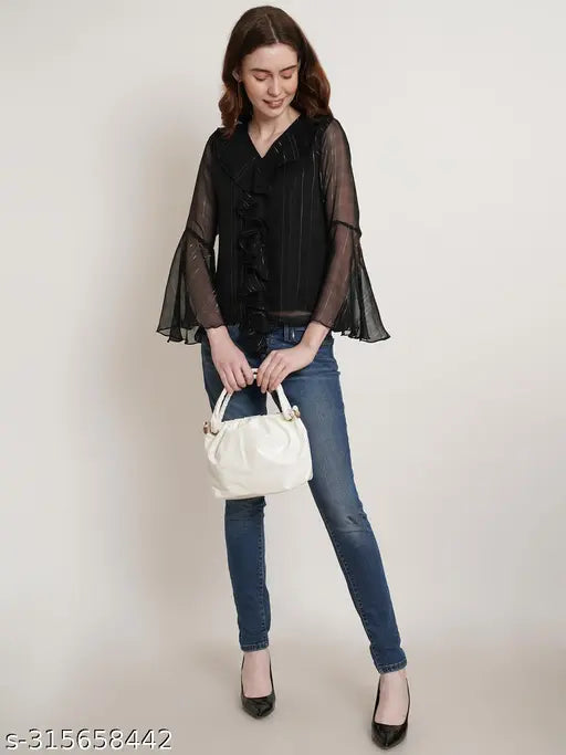 Black chiffon-poly striped ruffle sleeves top, long sleeves, chic look - Indian casual/party wear for women