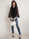 Black chiffon-poly striped ruffle sleeves top, long sleeves, chic look - Indian casual/party wear for women