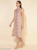 Beige moss digital floral printed co-ord set, polyester sleeveless kurta & pants for women, India origin