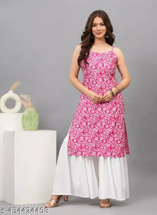 Pink and white kurta with sharara, long sleeves, high neckline