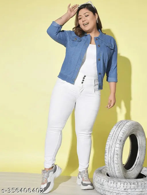 Denim jacket for women, solid-colored, long sleeves, XS (bust size 32in, length size 27in), Indian made