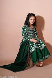 Green rayon embroidered anarkali kurti set with dupatta and flared bottomwear for baby girl, 3-4 years size