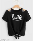 Black crop top shoulder cut Queen printed Lycra, short sleeves, size S (32in bust, 18in length), India-made clothing