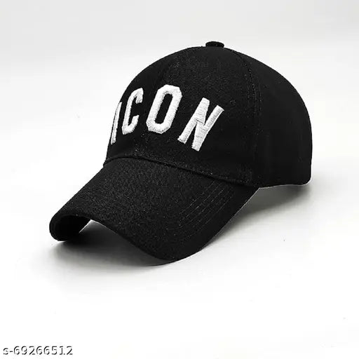 Modern cotton icon white embroidery cap black with printed design, perfect for men and boys