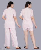 Women's printed pink rayon night suit combo set, featuring short sleeved shirt and shorts