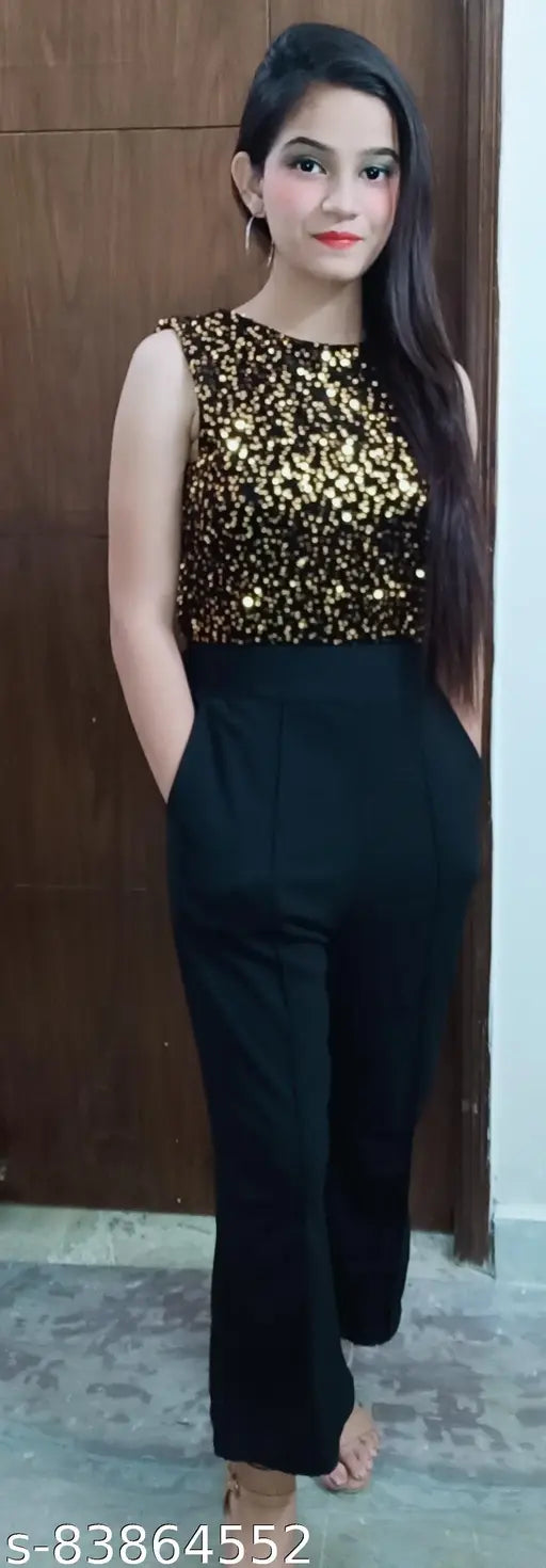 Gold sequin sleeveless jumpsuit in black for women's party or casual wear (India origin)