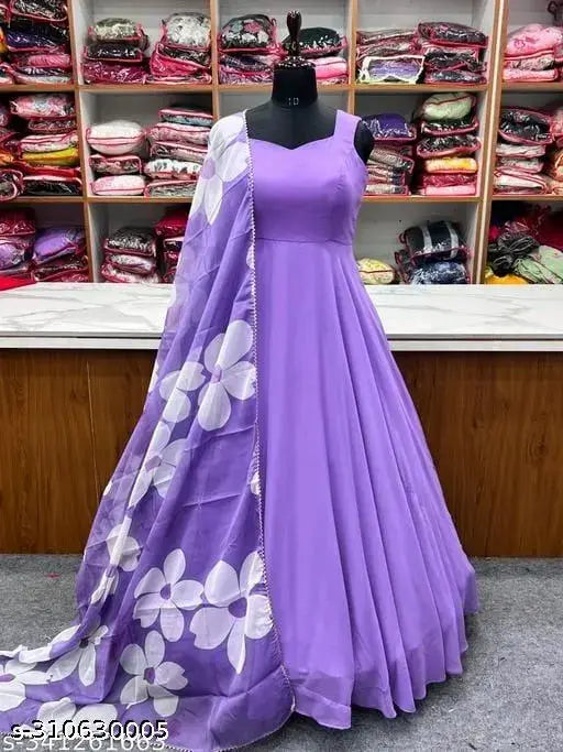 Lavender georgette gown with dupatta, floral design, elegant style.