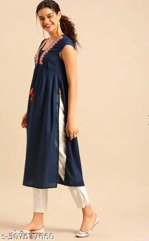 Blue Rayon Nayra Cut Embroidered Kurti with V-Neck & Short Sleeves, India Origin