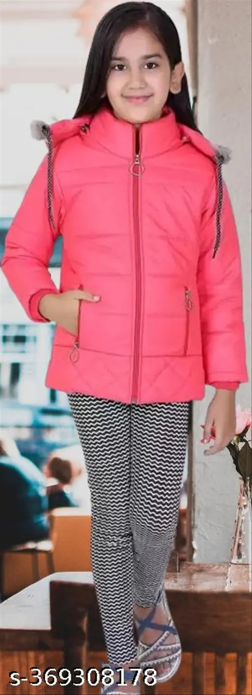 Pink puffer jacket with a hood and a zip closure