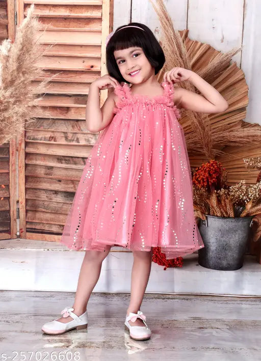 Pink and green striped satin dress for baby girls, embellished net pattern, sleeveless, 1-9 years