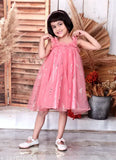 Pink and green striped satin dress for baby girls, embellished net pattern, sleeveless, 1-9 years
