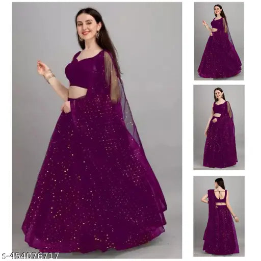Wine-colored Semi-Stitched Net Lehenga Choli Set (Sequin Bridal) featuring shimmery blouse, floral lehenga, and solid dupatta, India