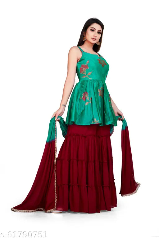 Green and red traditional women's attire set with dupatta