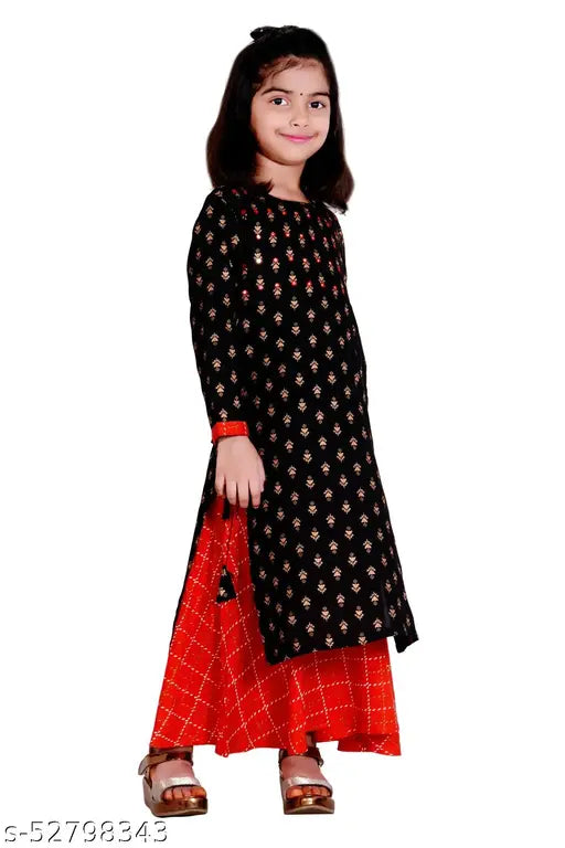 Ethnic black rayon kurta sharara set for kids, printed with red, three-quarter sleeves and calf length. High-quality Indian-made garment in sizes 3-4 years to 12-14 years