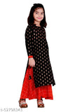Ethnic black rayon kurta sharara set for kids, printed with red, three-quarter sleeves and calf length. High-quality Indian-made garment in sizes 3-4 years to 12-14 years