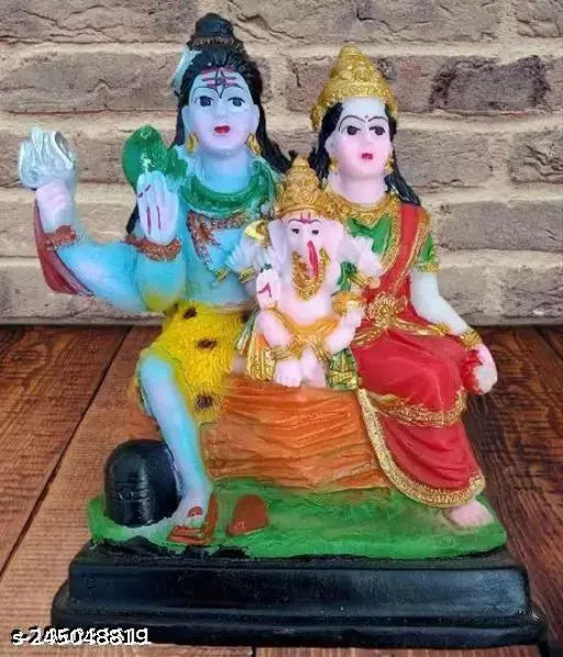 Multi-colored resin Mahadev Family statue, featuring Shiva, Parvati, and Ganesh. Ideal for home temple or Vastu Pooja gift item, size: 5ft L x 14ft H x 10ft B (Standard)