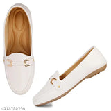 Synthetic slip-on ballerinas with golden metal buckle and white bellies for women & girls, India origin