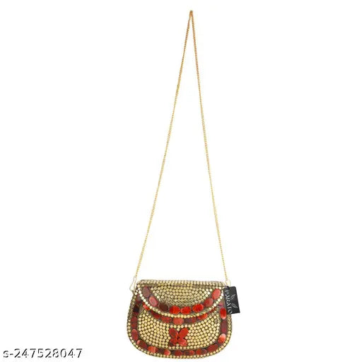 Golden and red metal clutch purse, party bag, sling bag with beaded design