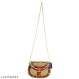 Golden and red metal clutch purse, party bag, sling bag with beaded design