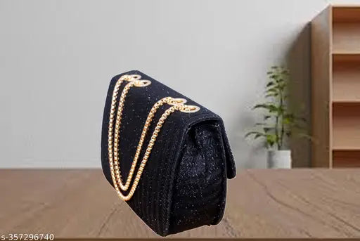 Cross body bag, black glitter, silver chain strap