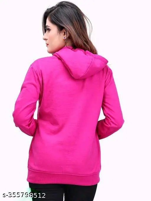 Pink fleece women's winter hoody jacket, solid design, long sleeves, size M (28in bust, 24in length)