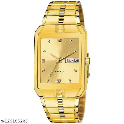 Gold plated, analog quartz watch with a waterproof function, featuring a square dial and gold straps