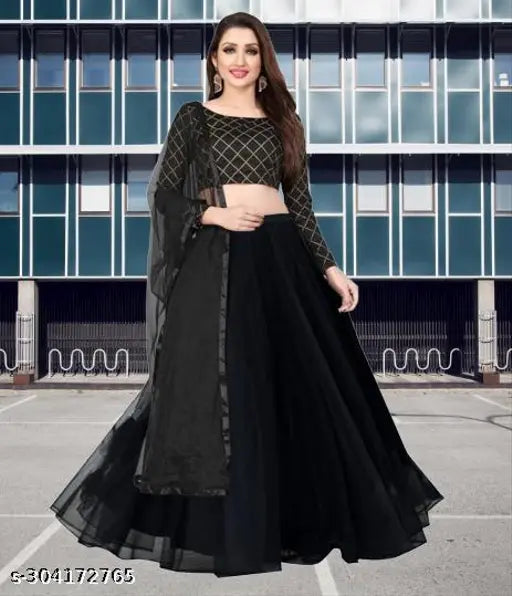 Embroidered satin lehenga with net dupatta, Indian designer fashion for women