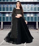 Embroidered satin lehenga with net dupatta, Indian designer fashion for women