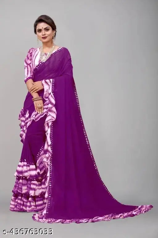 Purple printed georgette saree with blouse piece ruffle frill saree