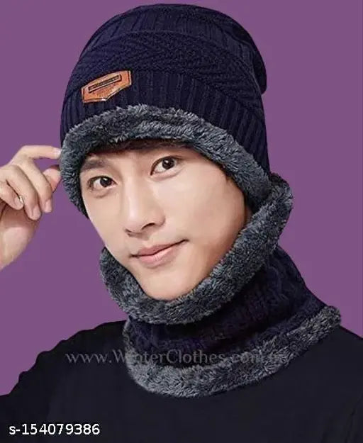 Wool-lined acrylic cap & scarf set, stylish winter warm for men (Onesize)