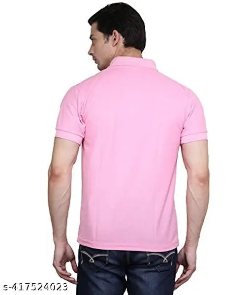 Men's pink cotton blend polo neck casual t-shirt, India-origin, short sleeves, solid pattern for versatile everyday wear