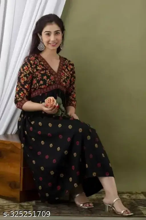 Rayon, printed Anarkali kurta for women's festive fancy wear, three-quarter sleeves. Trendy ethnic party dress, wash by hand first
