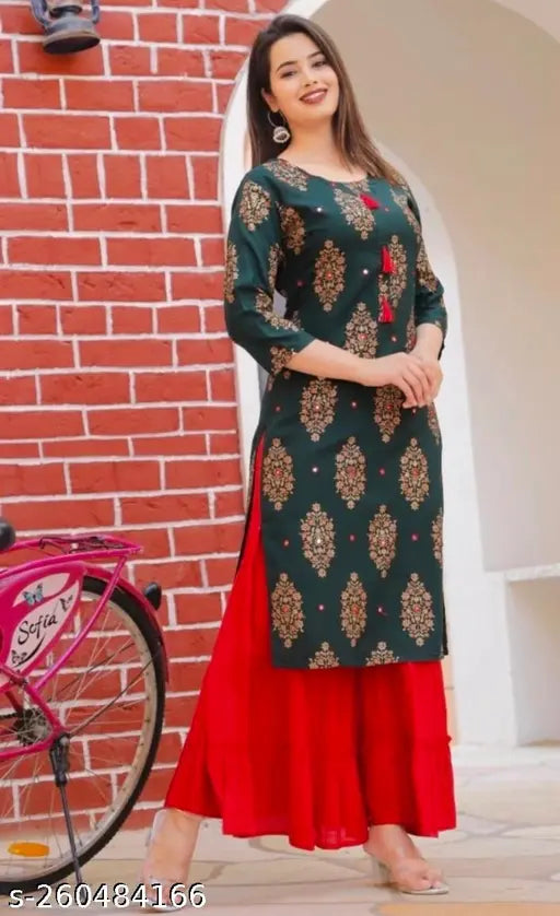 Trendy casual green rayon kurta sharara set with embellished borders and long flared hem